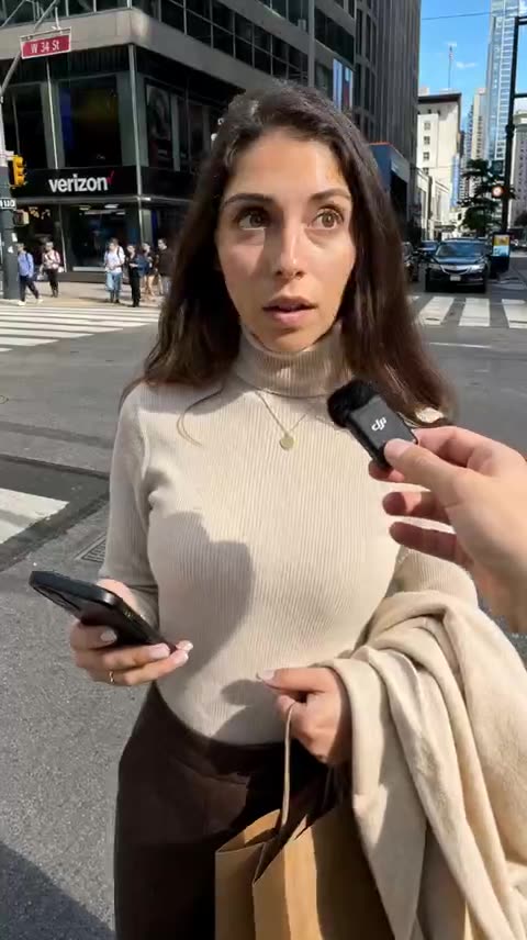 Woman on a New York street being interviewed about her morning routine