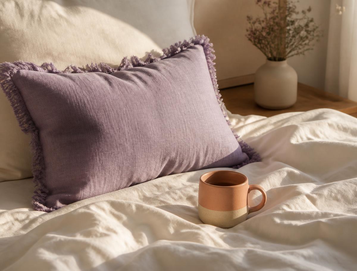 I'm Filled With Joy cushion on a sunlit bed